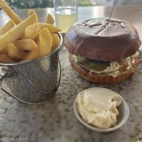 Beyond burger with fries and garlic Mayo   at Dominion Food Revolution in Frankfurt