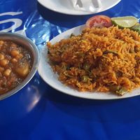 Chickpeas, potato curry (40k Kip) and rice with vegetables (40k Kip) at Taj Mahal in Vientiane