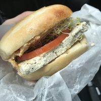 Tofu sandwich on plain with hummus, tomato, and sprouts! So good! at Bodo's Bagels in Charlottesville