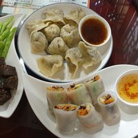 Steamed dumplings, spring rolls, vegan "blood cake" and fried string beans at Tiān Cí Bǎo Xuān 天慈寶軒 in Yuli