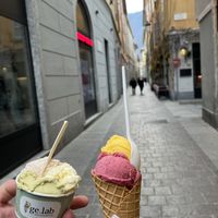 My cone has vegan chocolate, mixed berry, & mango. My husband got vegan pistachio as one of his flavors.  at Gelab Gelateria in Como