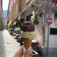 Pistachio, chocolate ice cream in cone  at Gelab Gelateria in Como