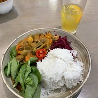 Green tea and Thai peanut curryy  at Seed in Luxembourg City