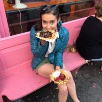 Vegan coconut vafel with chocolate and non-vegan vafel with jam and sour cream at Haralds Vaffel in Oslo