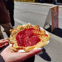 Vegan waffle with raspberry jam at Haralds Vaffel in Oslo
