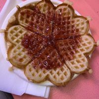 Heart waffles and raspberry jam  at Haralds Vaffel in Oslo