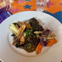 Main: leek stuffed with fermented garlic, roasted vegetables, some kind of seaweed (?) and a red rice dolma  at Elixer in Amsterdam