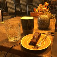  Vegan brownie and oat milk latte  at Råhygge in Copenhagen