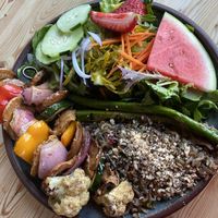 Vegetable skewers with wild rice salad  at Angry Trout Cafe in Grand Marais