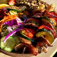 Vegetable skewers with wild rice at Angry Trout Cafe in Grand Marais