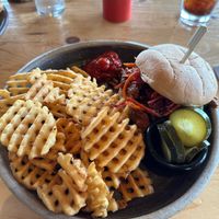 Gochujang BBQ Sandwich with soy curls, rice vinegar slaw, and vegan mayo.  at Angry Trout Cafe in Grand Marais