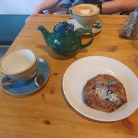 Cherry pasty, Berry tea, and oat milk latte at Lighthouse Cafe in Galway