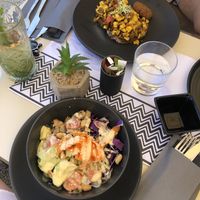 Scramble toast and bowl with rice noodles & tofu at Fotis All Day Bar in Naoussa