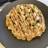 Waffle with PB and fresh fruit. Looks small, but was HUGE!   at Fotis All Day Bar in Naoussa