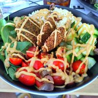 Mediterranean buddha bowl at Fotis All Day Bar in Naoussa