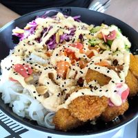 Vegan buddha bowl with fried tofu at Fotis All Day Bar in Naoussa
