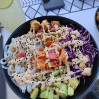 Buddha bowl with fried tofu and rice noodles at Fotis All Day Bar in Naoussa
