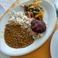 Lentils, brown rice, meatball, sauteed vegetables at Restaurante Vegetariano Maná - La Pamba in Popayan