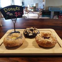 Homemade vegan donuts: chocolate, peanut butter and lemon! at Café Mellemfolk in Aarhus