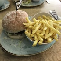Moving Mountain burger and loads of fries   at Stiles in Ambleside