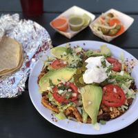VEGAN TACO BOWL W SOYRIZO, SOYCURLS, TOFUTTI SOUR CREAM, VEGAN CHEEZ. CANT DEAL W HOW GOOD at Los Gorditos - SE Division & 12th in Portland