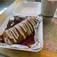 Burrito mojado de carne asada y horchata vegana at Gordos Mexican Food in Waialua