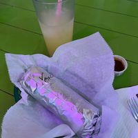 Regular-size soy asada burrito with (already partly sipped) mango agua fresca  at Gordos Mexican Food in Waialua
