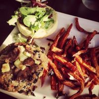 Black bean burger and sweet potato fries. at Cafe Nola in Frederick