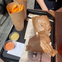 Meal with fries, salsa, burger and drinks at Copper Branch in Nancy