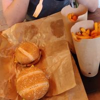 Signature and Shiitake burger with fries at Copper Branch in Nancy