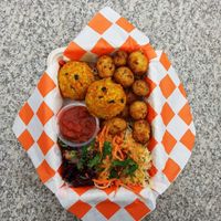 millet&carrot "meat 
balls" with baked potatoes and fresh salads  at Patison in Gdansk