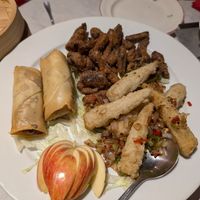 Spring rolls, salt n pepper baby corn, and crispy fried beef starters at Choi Gan in Clitheroe