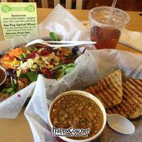 Lentil soup w/ toasted panini and large salad w/ ginger garlic dressing, served with iced green tea w/ spearmint at FeelGoods Cafe in St James