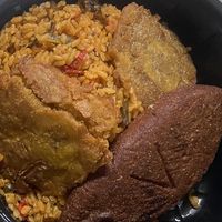  Veggie alcapurria, veggie rice,  and savory plantains.  at Cafe El Camino in Plaistow