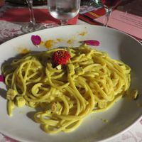 Vegan Spaghetti Carbonara at Pizzaria Peperetta Dispetusa in Imperia
