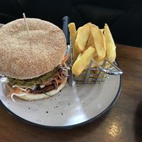 Vegan burger and fries  at The Crafty Moa  in Arthurs Pass