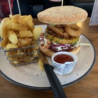 Vegan burger and fries  at The Crafty Moa  in Arthurs Pass