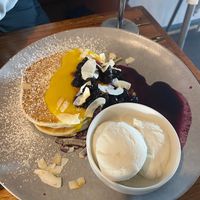 Vegan blueberry and lemon pancakes with soy ice cream at Cafe Melzar in Mount Gambier