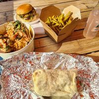 Burger, Burrito, Nachos and Dill fries 😋 at El Rayo Vegan Cantina in York