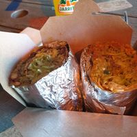 half a tofu burrito and half a mushroom burrito at El Rayo Vegan Cantina in York