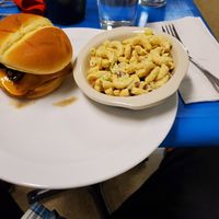 Macaroni salad and mushroom Swiss burger at Earth Based Cafe in Martinsburg