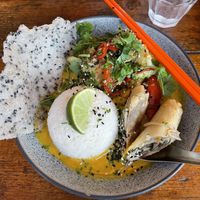 Curry dish with tofu and vegetables. Plus spring roll optional extra    at Nam Song in Sheffield