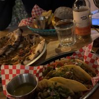Burger, tacos de nopales, banana chutney  at Plant Base in Lisbon