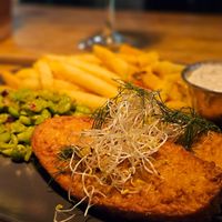 Vegan fish and chips with peas. Very delicious! 😊 at Plant Base in Lisbon