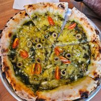 Pesto pomodoro pizza at Plant Base in Lisbon