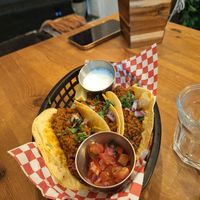 Chorizo Tacos (spicy and delicious) at Plant Base in Lisbon