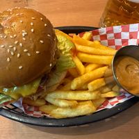 Classic Burger with lots of fries and chipotle aoli  at Plant Base in Lisbon