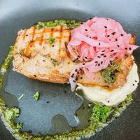 Vegan eggy bread, garlic aioli, salsa verde & pickled red onions 🧅   at Yallah Coffee Kiosk in St Ives