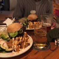 Black bean and spicy burger, cider, DIPA   at Cat Bar in Barcelona