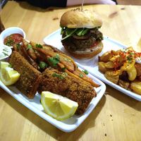 Tofish and chips and burger at Cat Bar in Barcelona